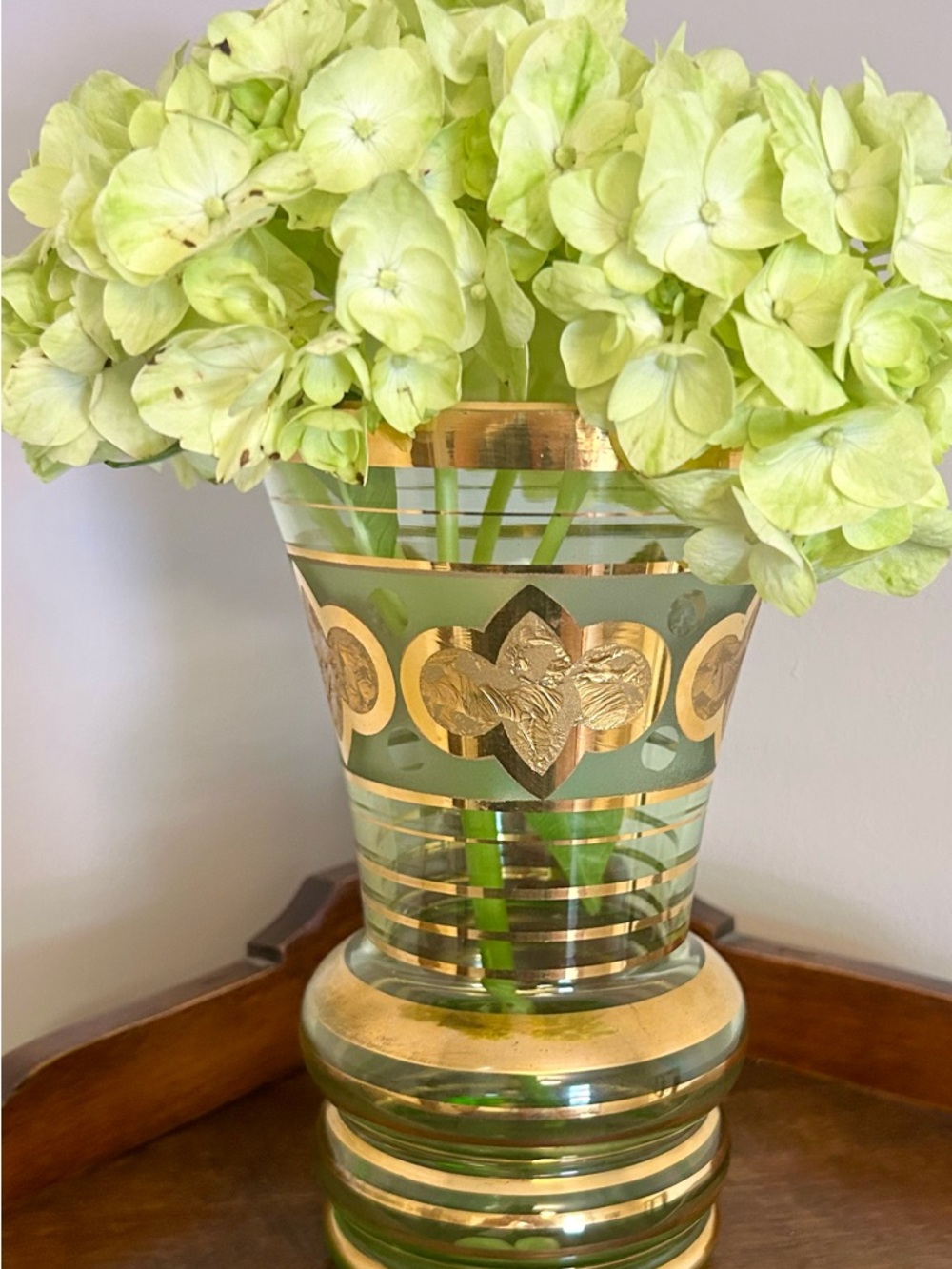 Vintage Green Glass Vase Gold Gilt
7” Mid Century Art Glass